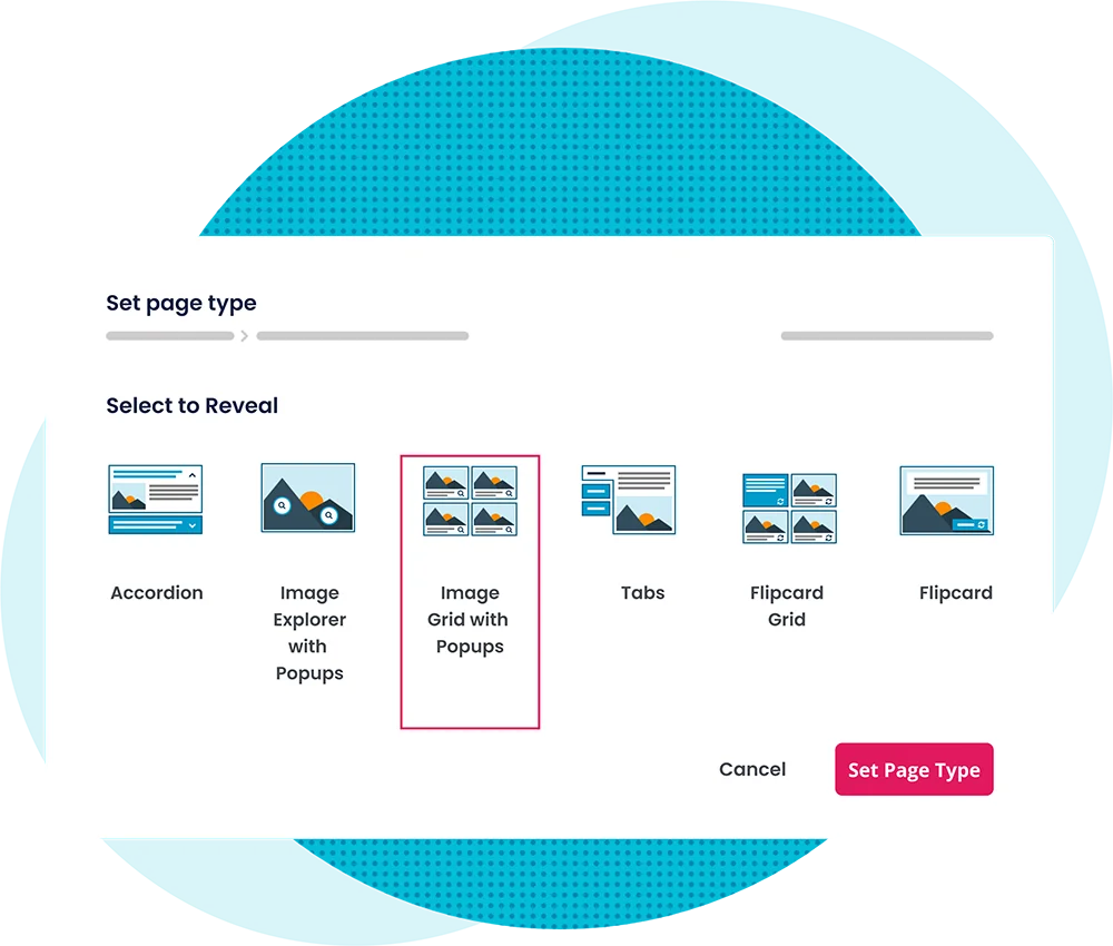 An image of Elucidat page types showing an accessibility icon to indicate which page types are accessible for elearning.