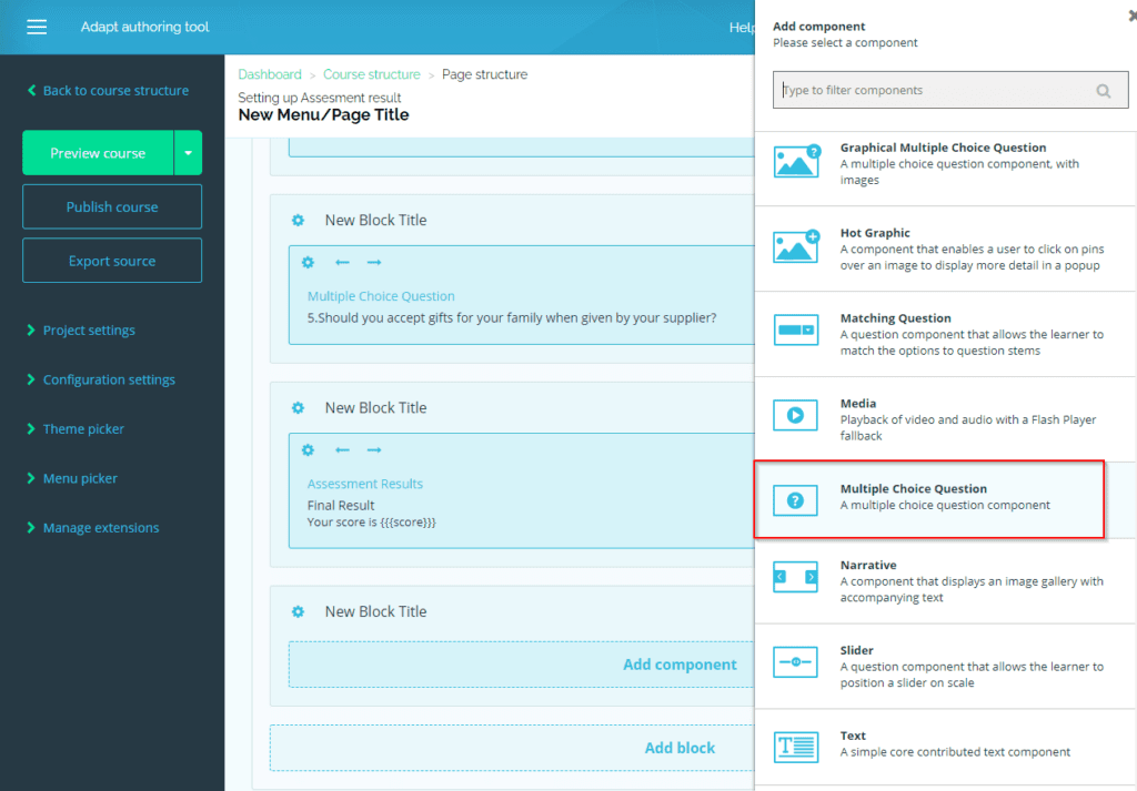 Adapt learning authoring tool interface