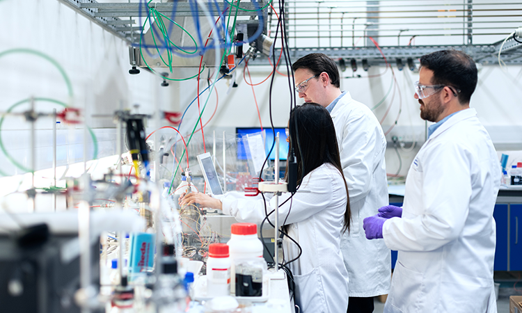 An SGS Lab image showing lab workers reviewing an experiment