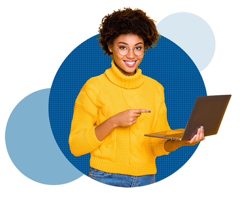 Woman holding laptop sea blue circle