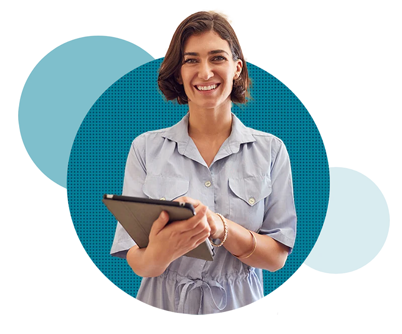 A woman holding a tablet smiling - engaging elearning