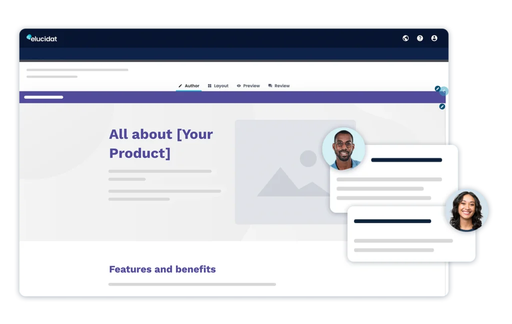 Author Platform Page Elucidat authoring with placeholder content, collaboration, and reviewer feedback comments.