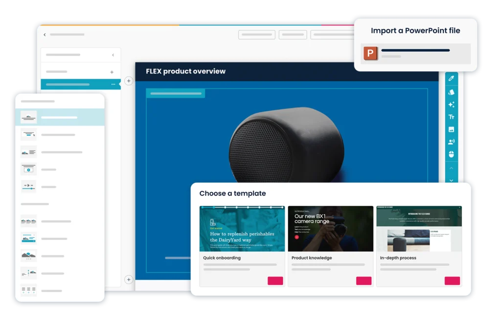 Create Platform Page PowerPoint import and template options shown for creating a product knowledge course.