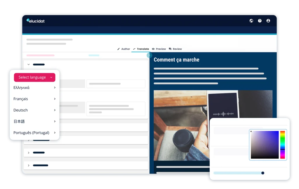 Elucidat interface showing customization, advanced settings, and tailored design options.