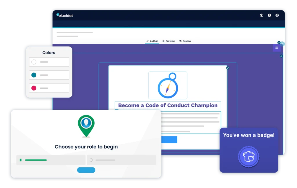 Author Platform Page Elucidat interface with course creation, role selection, and a badge reward.