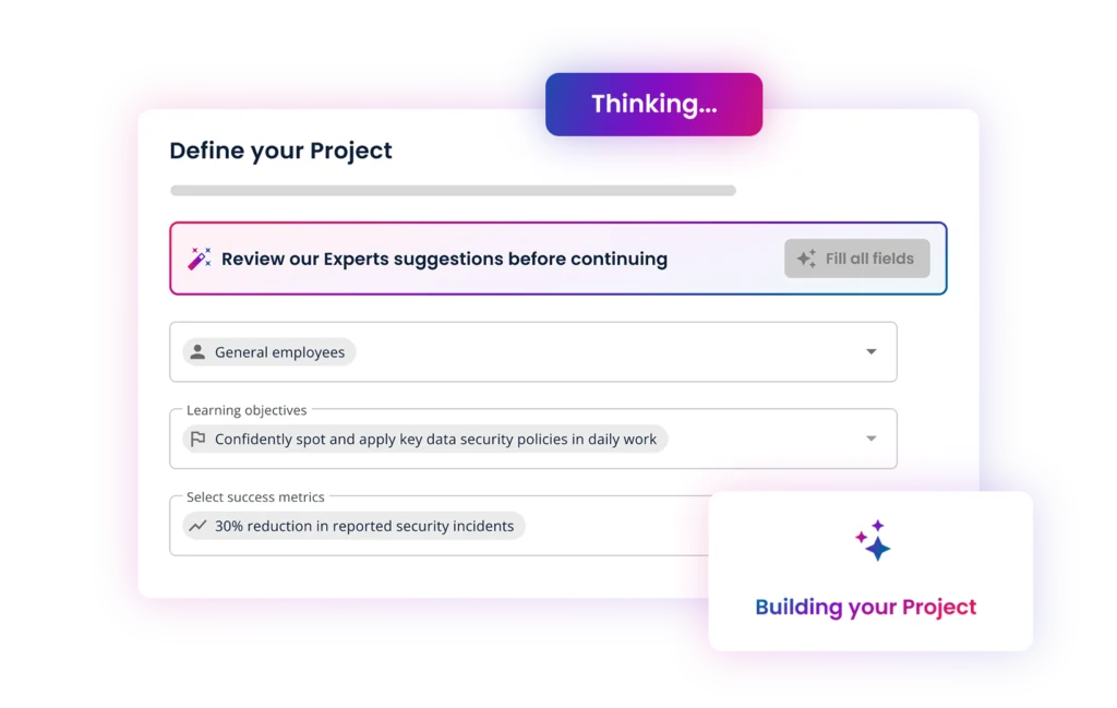 Project setup screen with AI expert suggestions, learning objectives, and success metrics selection.