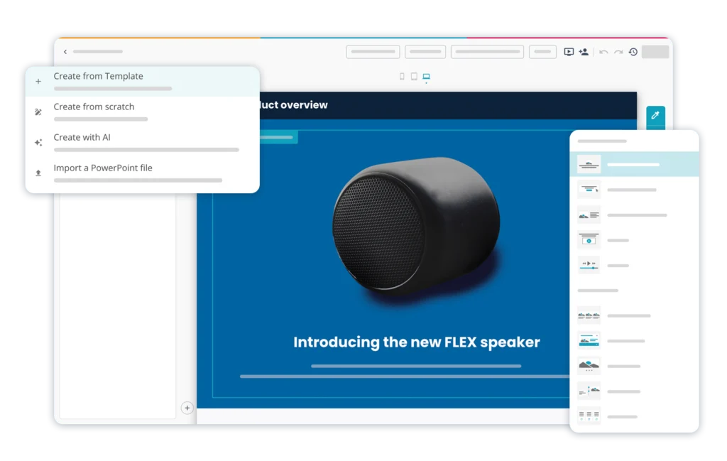 Elucidat interface showing quick elearning creation with a simple layout for fast course build.